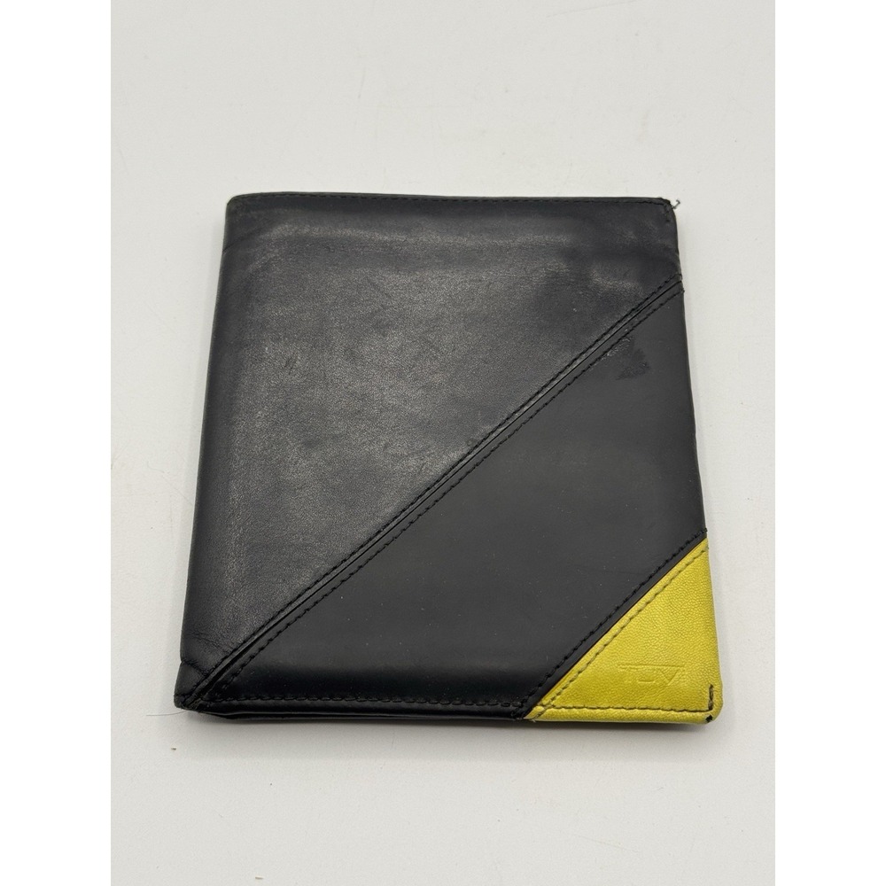 TUMI Passport & Card Case Bifold Wallet Black Yellow Leather
